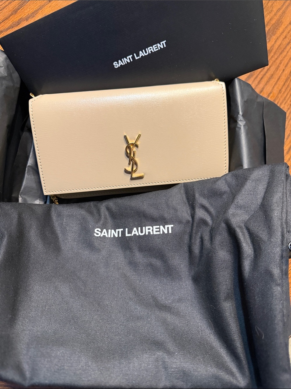 Saint Laurent Beige Aspen Calf Leather Phone Holder with Gold YSL